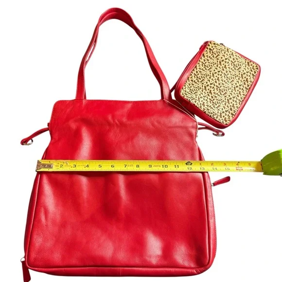 ILLI RED LEATHER TOTE BAG WITH LEOPARD PRINT LINING & MATCHING POUCH - Picture 3 of 8
